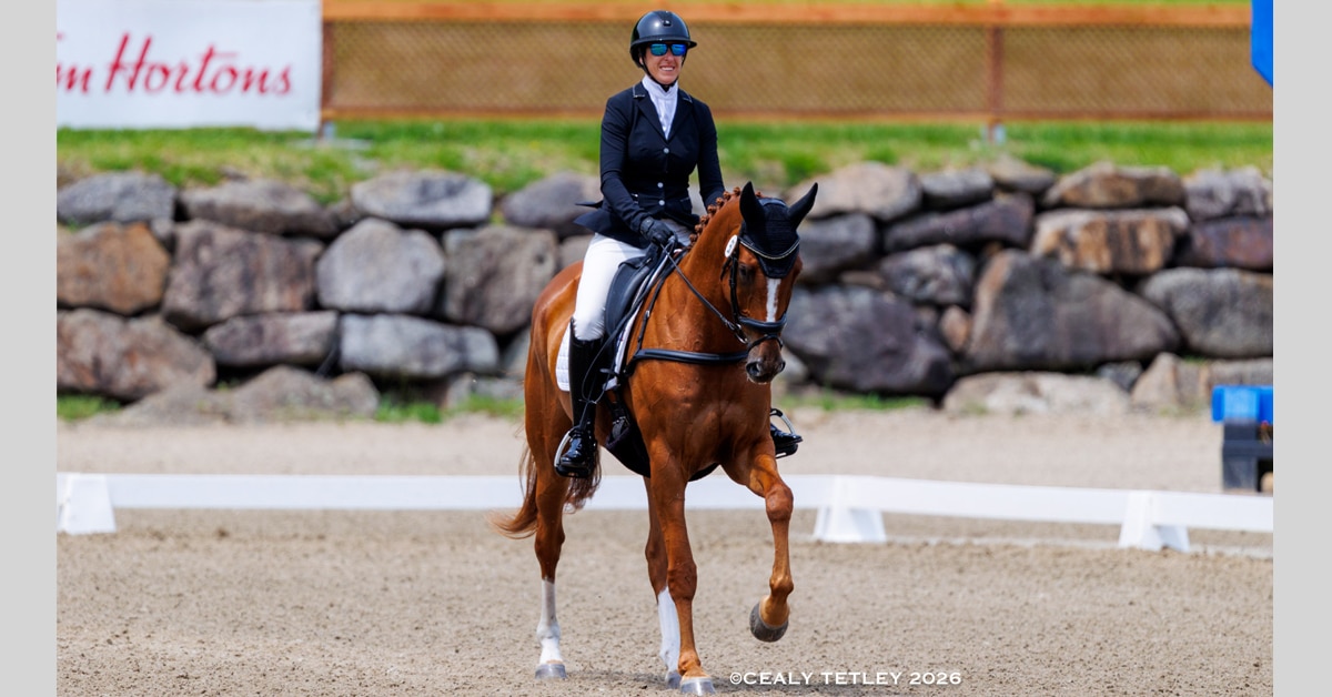 A smiling woman riding a bay horse during a dressage test.