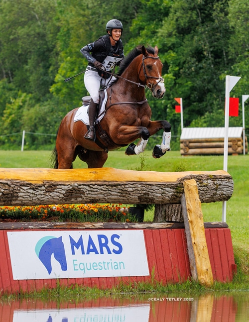 A woman jumping a bay horse over a cross-country fence at Bromont.