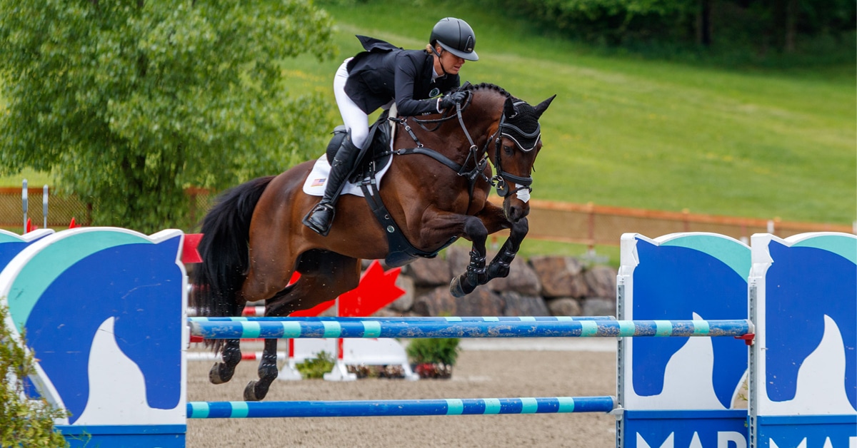 A woman jumping a bay horse over a fence at Bromont.
