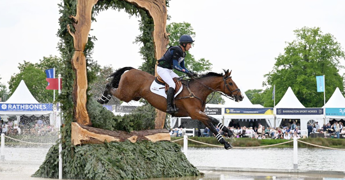 A man jumping a bay horse through a keyhole cross-country fence.