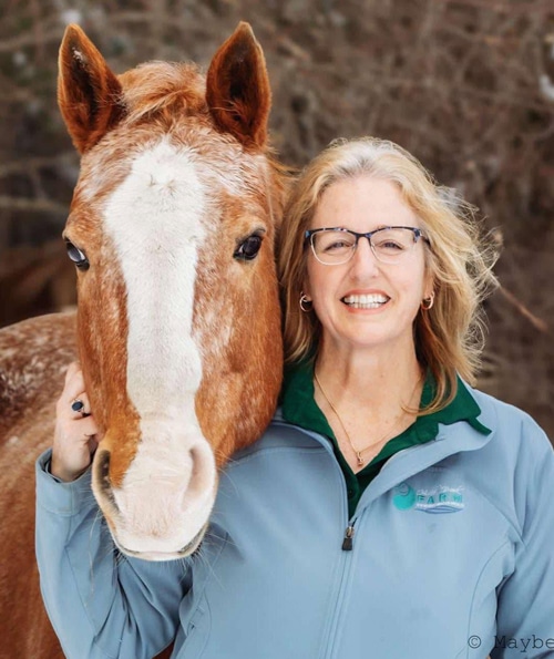 A smiling woman with a chestnut horse.