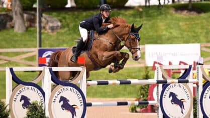 A young man jumping a chestnut horse over a fence during competition.