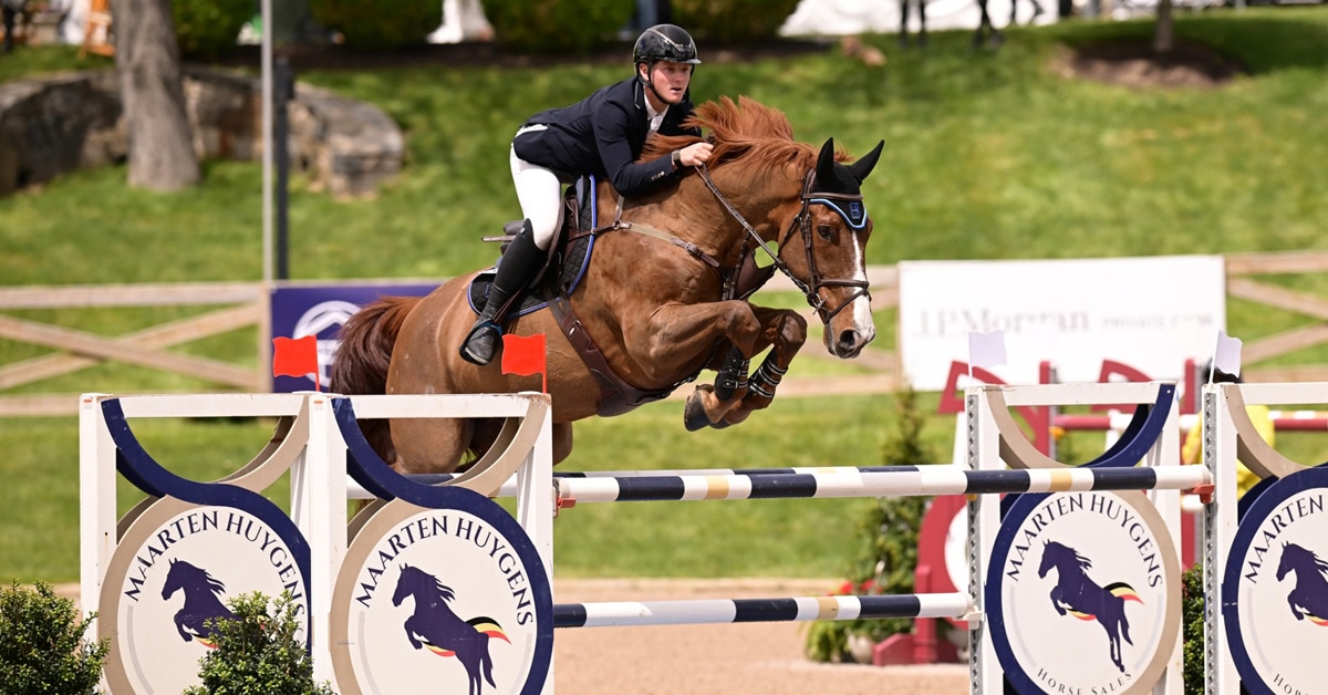 A young man jumping a chestnut horse over a fence during competition.
