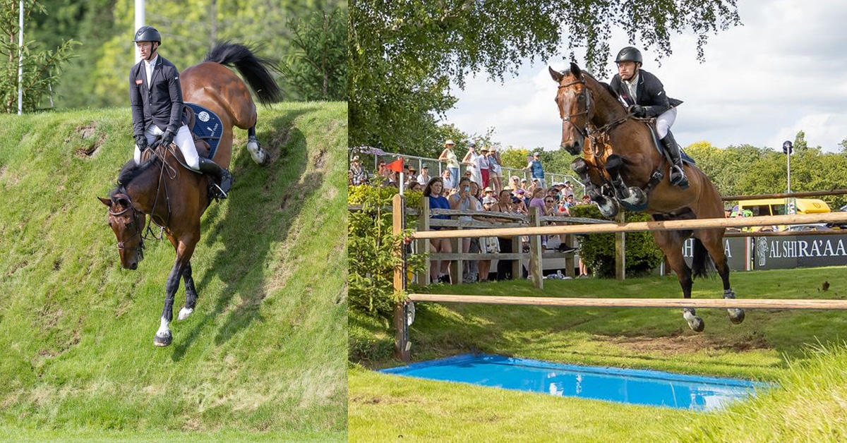 A man sliding down a steep bank on a bay horse; same pair jumping a liverpool in a ditch.