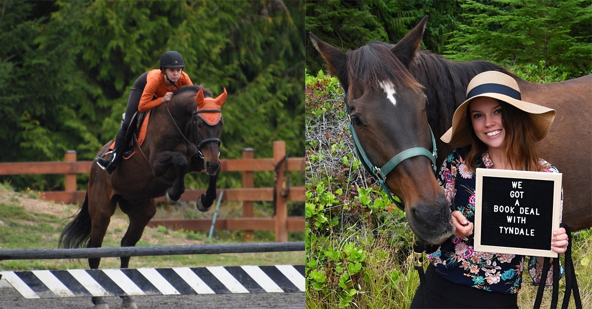 A woman jumping a bat horse over a fence - the woman and horse standing with a sign.