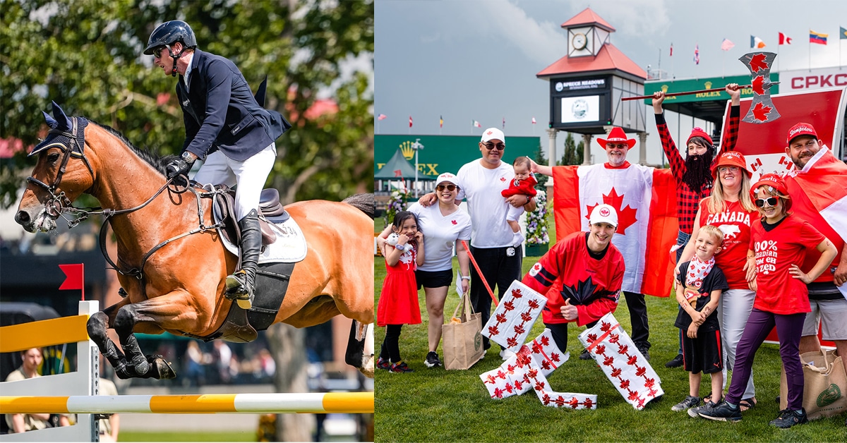 A man jumping a bay horse over a fence; a group of people dressed in Canadian flags.