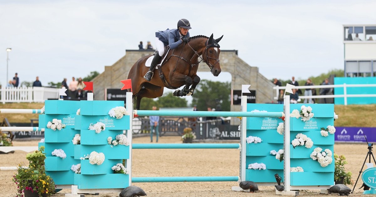 A woman jumping a bay horse over a fence in the UK.