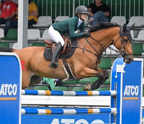 A woman jumping a bay horse over an ATCO fence.