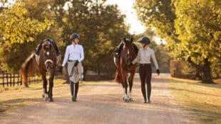 Two women walking saddled horses and laughing.