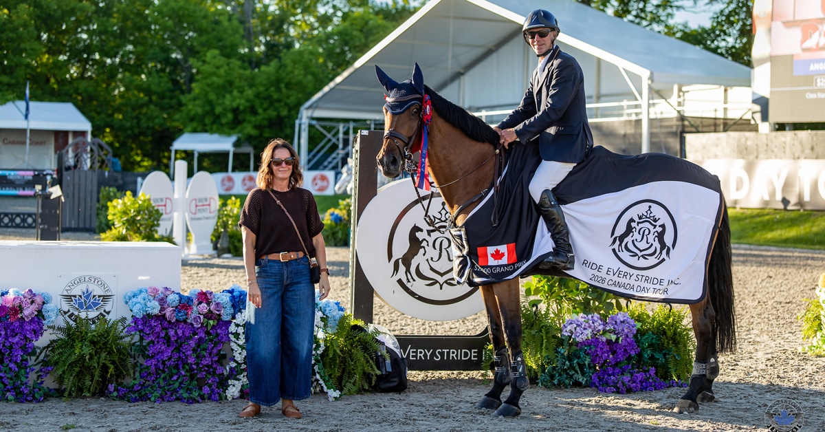 A man on a bay horse during a presentation at Angelstone.