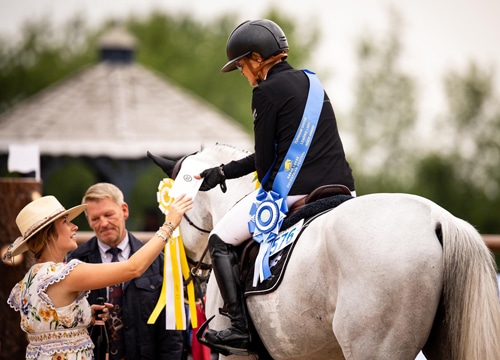 A woman on a grey horse receiving an award.