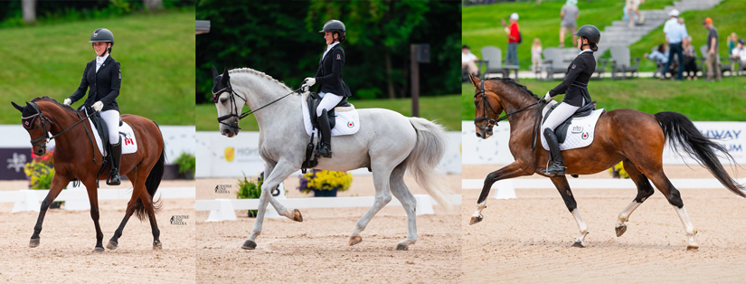 Three young dressage riders competing.