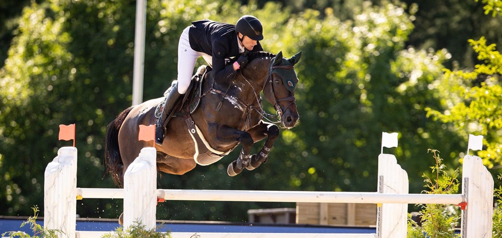 A man jumping a dark bay horse over a fence at Traverse City.