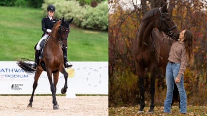 A woman riding a bay dressage horse in an arena; the same woman with her horse and dad.