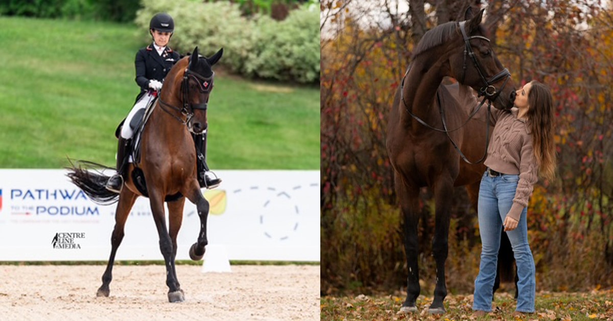 A woman riding a bay dressage horse in an arena; the same woman with her horse and dad.