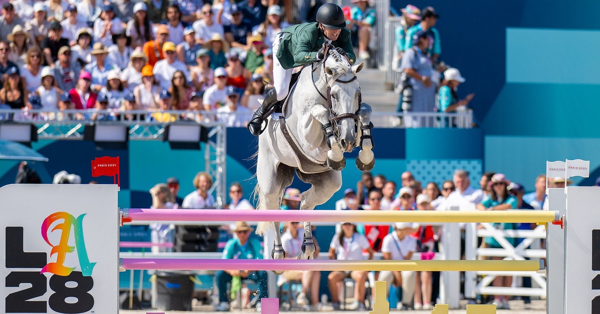 A man jumping a grey horse over a fence at the Olympics.