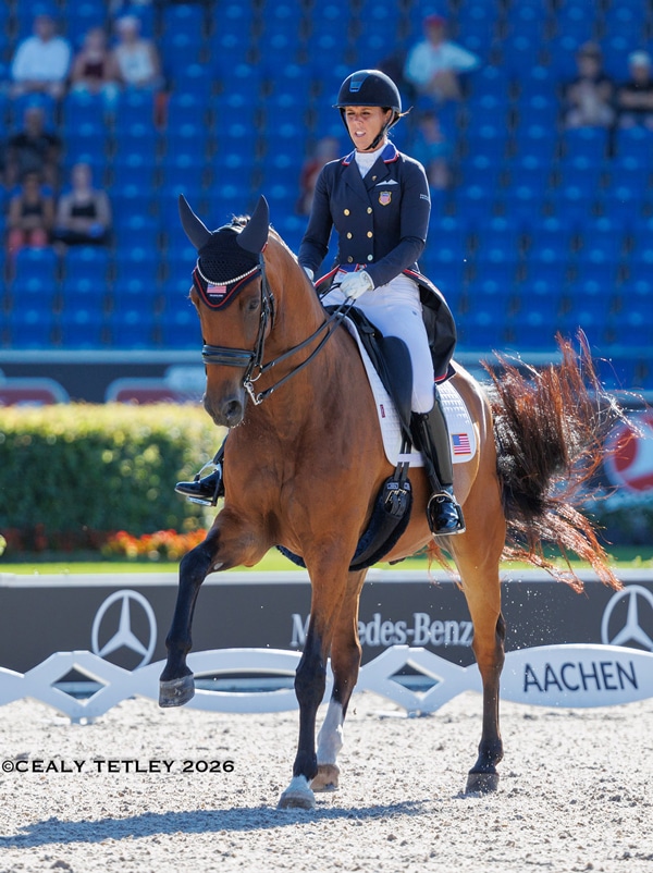 A woman riding a bay dressage horse.