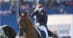 A woman on a dressage horse holding her hand to her face in amazement.