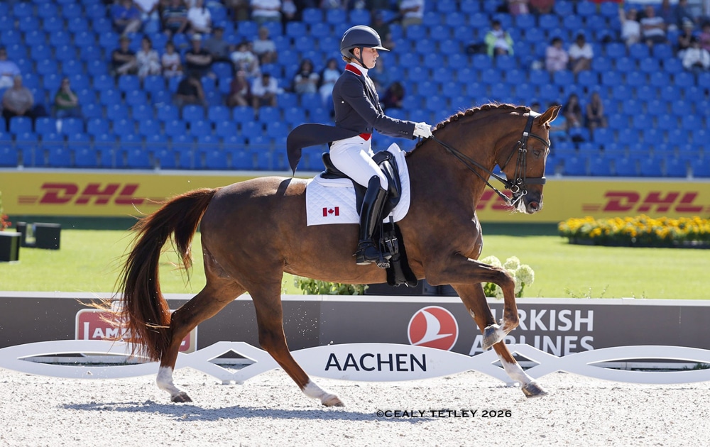 A woman riding a chestnut mare in a dressage competition.