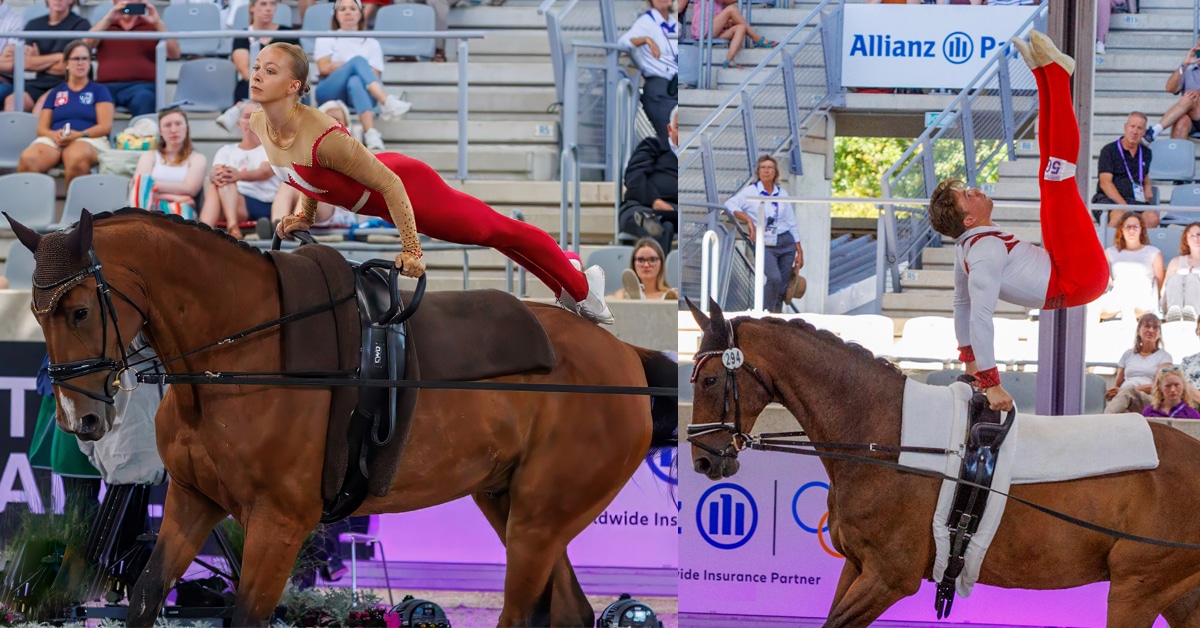 A woman and a man in a vaulting competition.