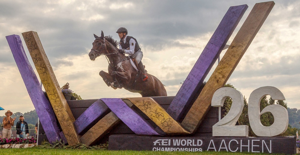 A man jumping a bay horse over a cross-country fence.