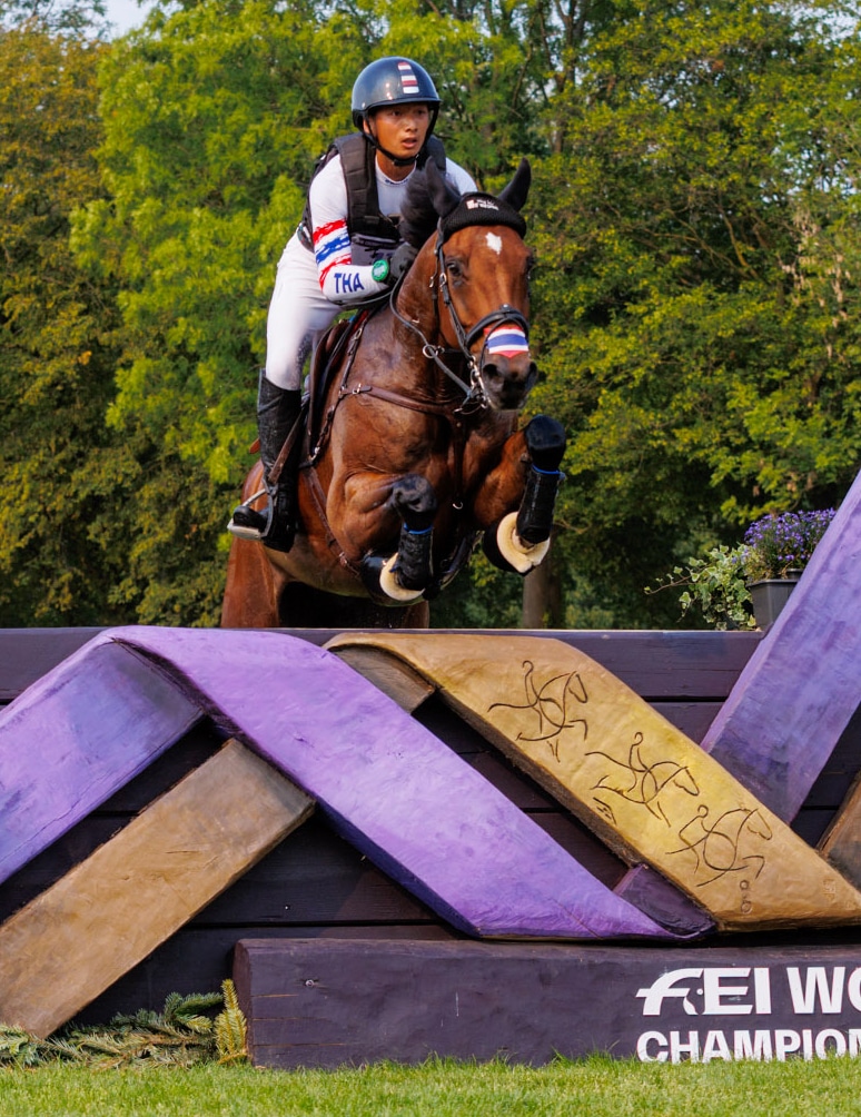 A man jumping a by horse over a cross-country fence.