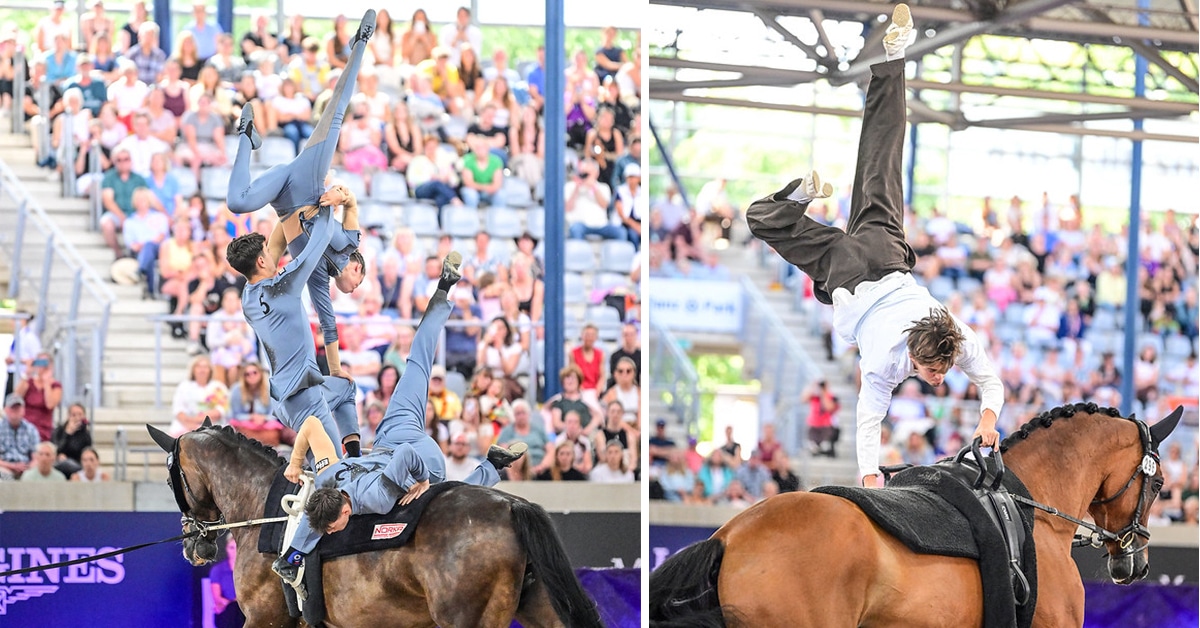Various people performing vaulting moves on horseback.