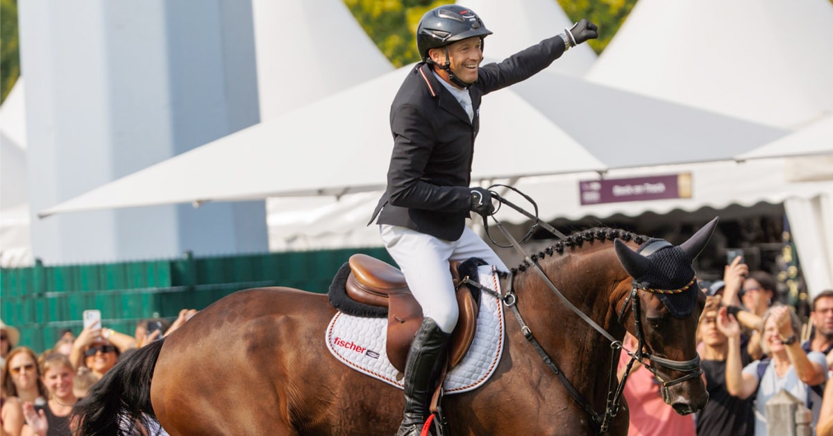 A man on a bay horse celebrating after a show jumping round.
