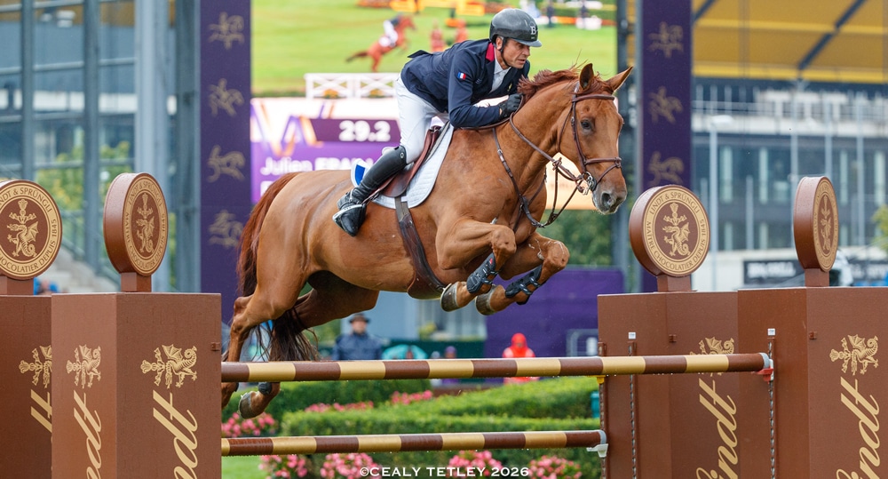 A man jumping a chestnut horse over a fence in Aachen.