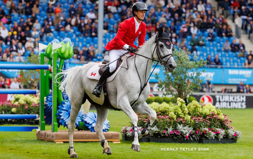 A man wearing a red jacket cantering a grey horse in an arena.