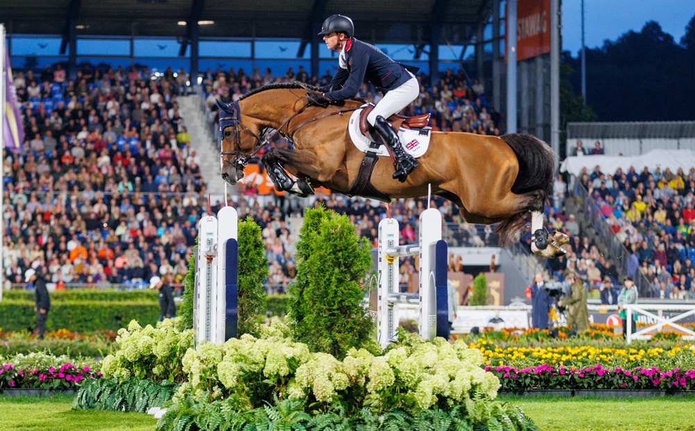 A man jumping a bay horse over a large oxer.