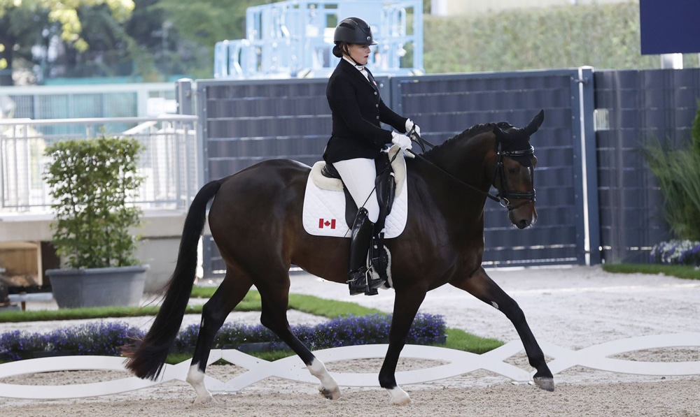 A woman riding a dark bay dressage horse during a test.