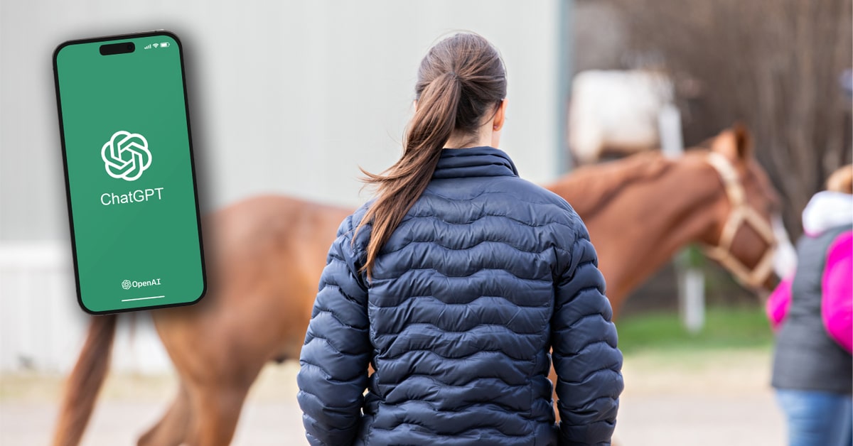 A phone displaying ChatGPT; a vet watching a horse being trotted.