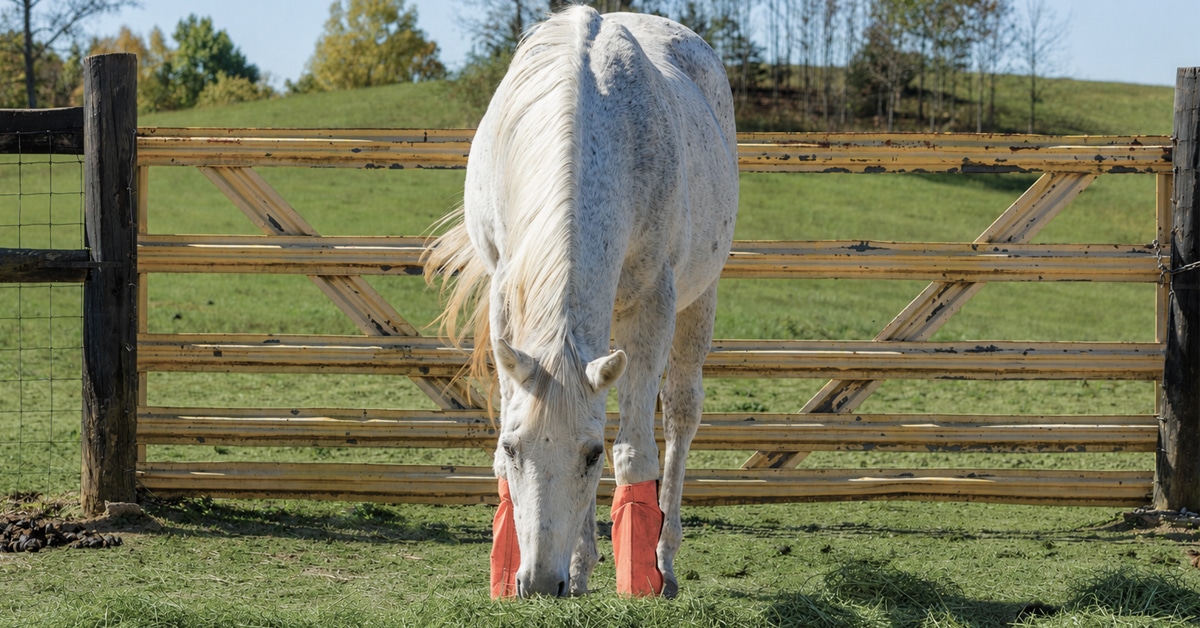 An old grey horse eating hay in a paddock.