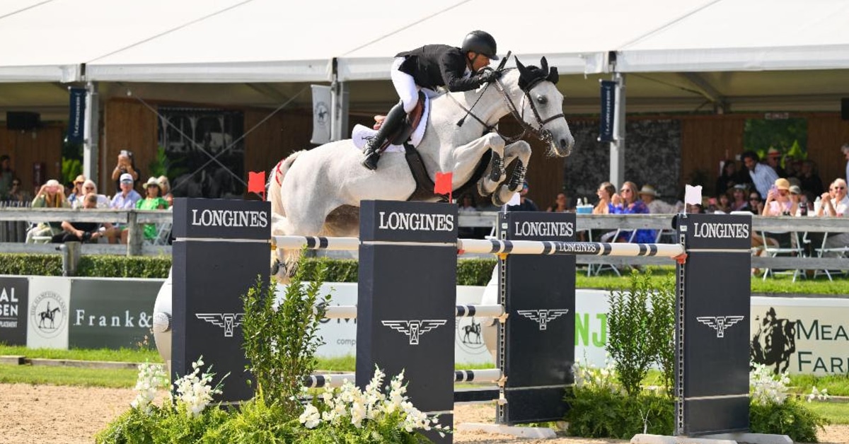 A man jumping a grey horse over a fence in the Hamptons.