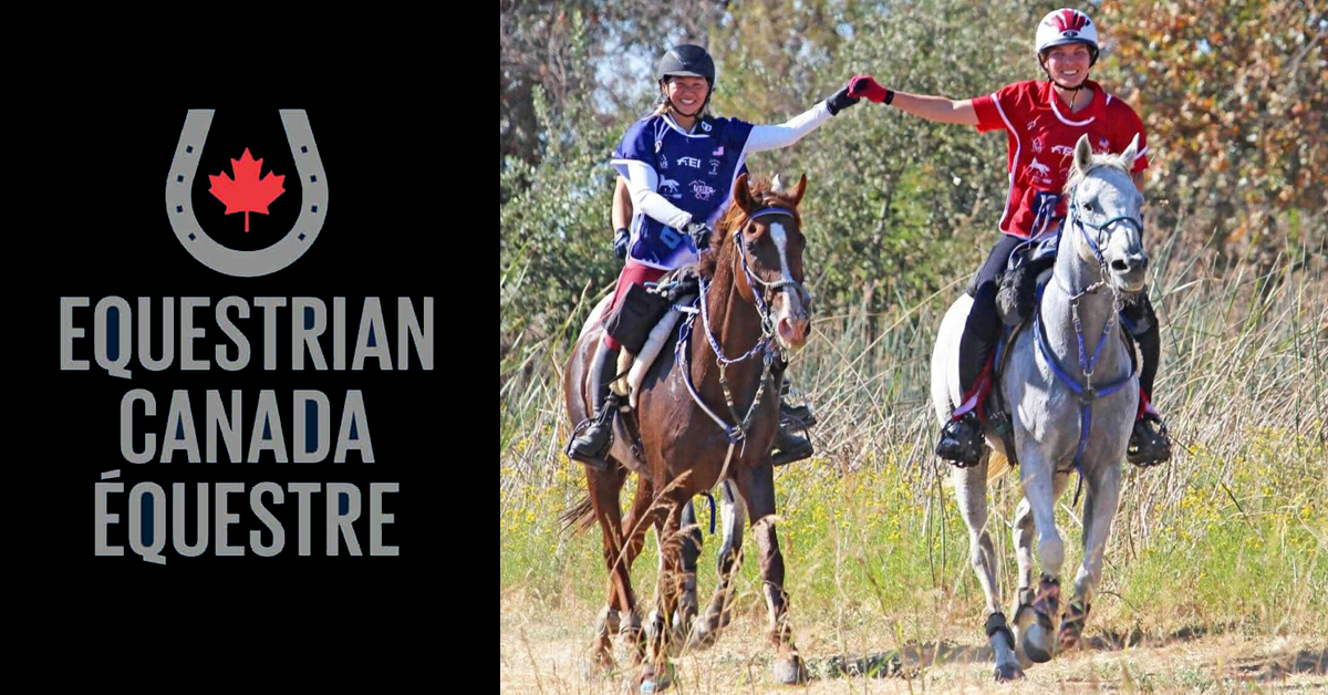 The EC logo; two smiling women on a trail on endurance horses.