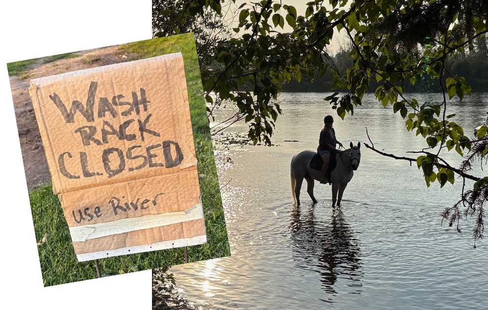 A sign; a horse and rider standing in a river.