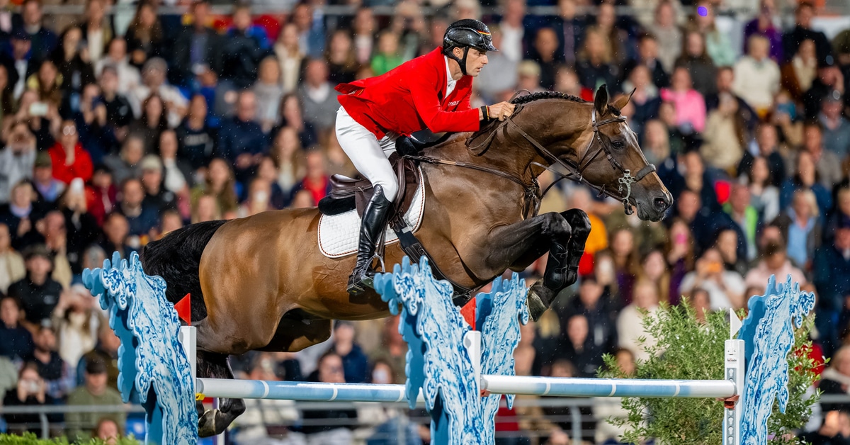 A man jumping a bay horse over a fence in Aachen.