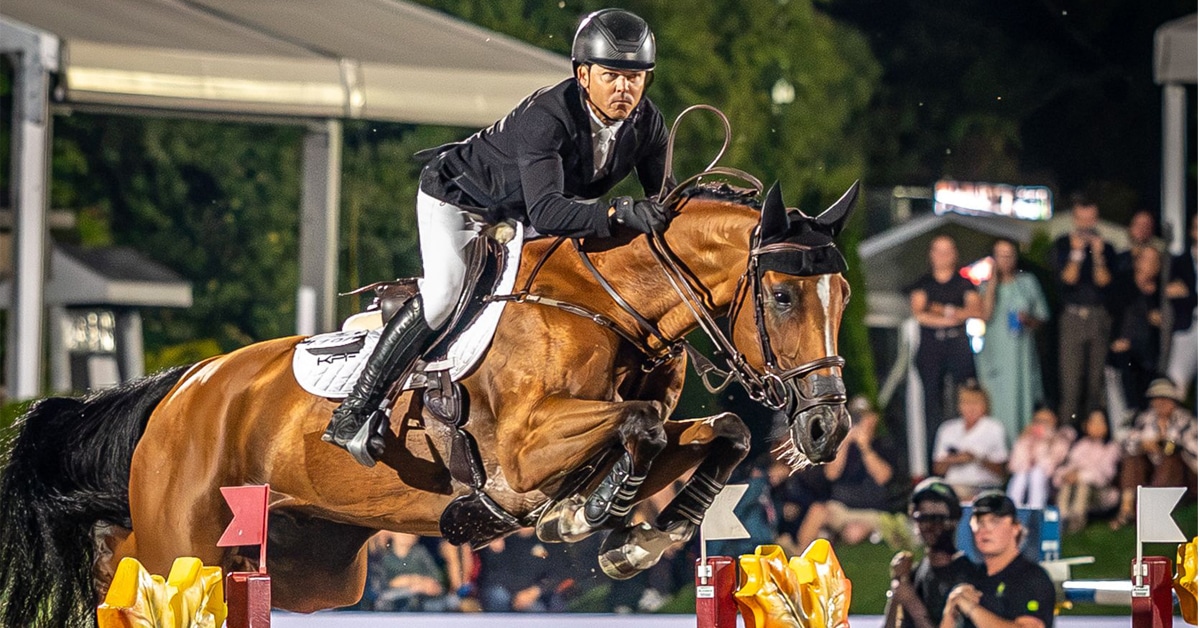 A man jumping a bay horse over a fence during a night class.