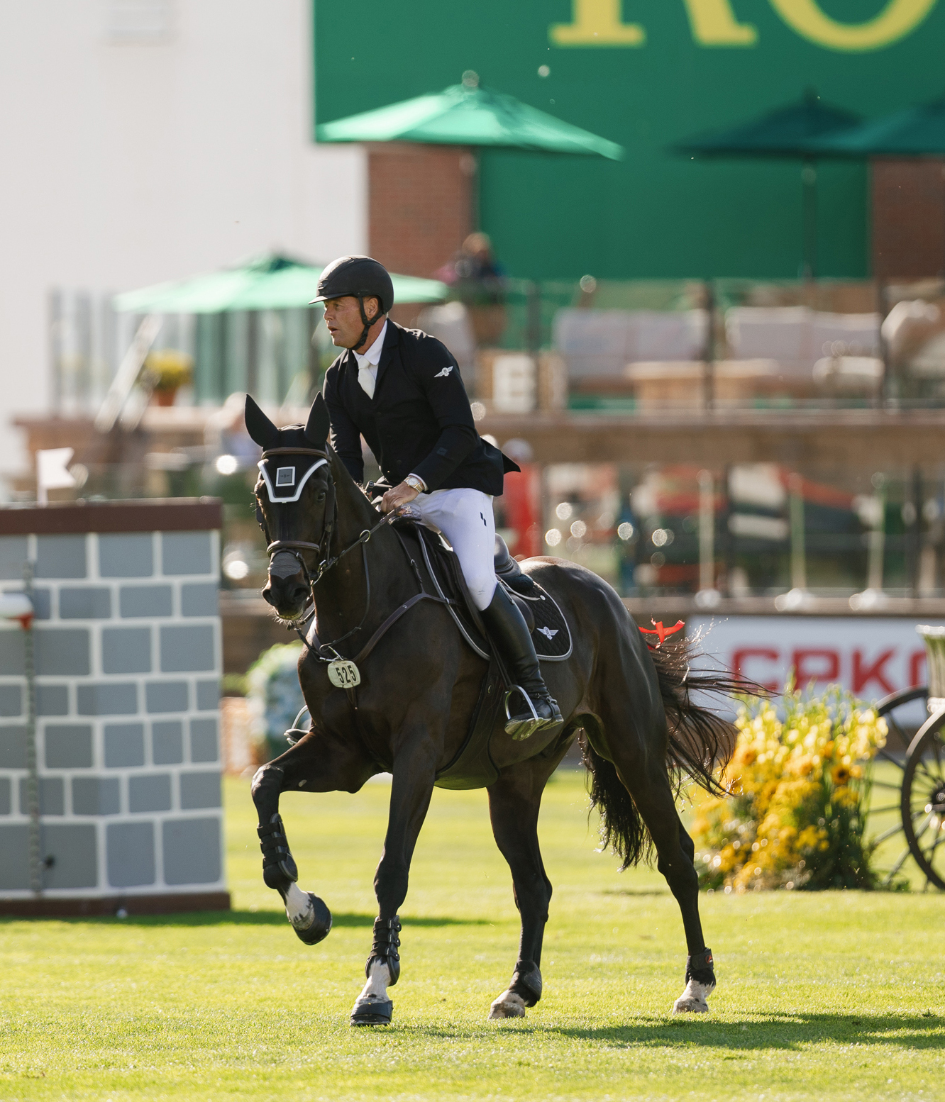 A man riding a dark bay horse in the International ring at Spruce Meadows.