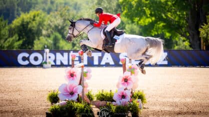 A woman jumping a grey horse over a fence.
