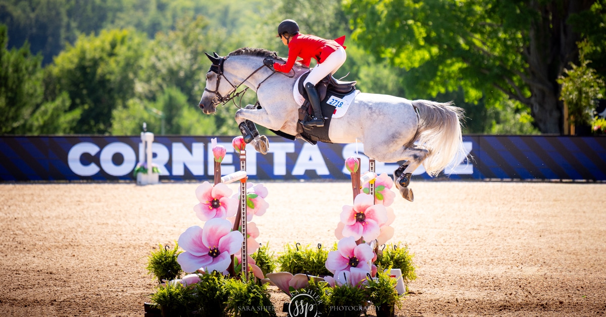 A woman jumping a grey horse over a fence.
