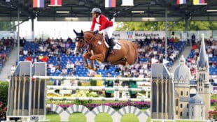 A young man jumping a chestnut horse over a fence in Aachen.