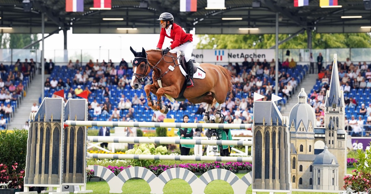 A young man jumping a chestnut horse over a fence in Aachen.