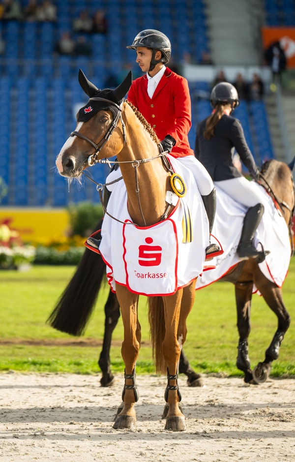A young man sitting on a chestnut horse during an awards ceremony.