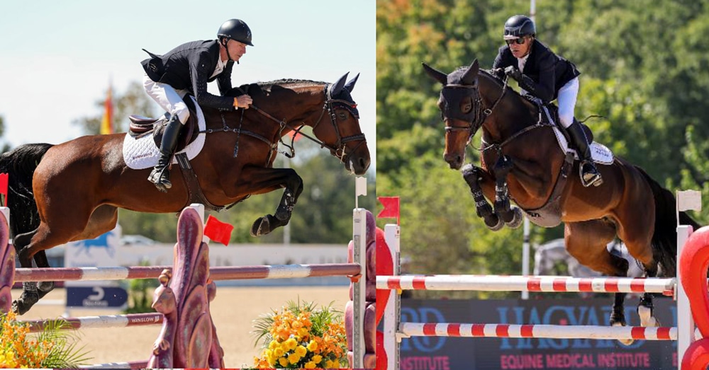 Two people jumping bay horses over fences in Kentucky.