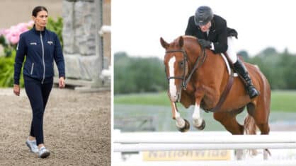 A woman walking a course; a man jumping a chestnut horse over a hunter fence.