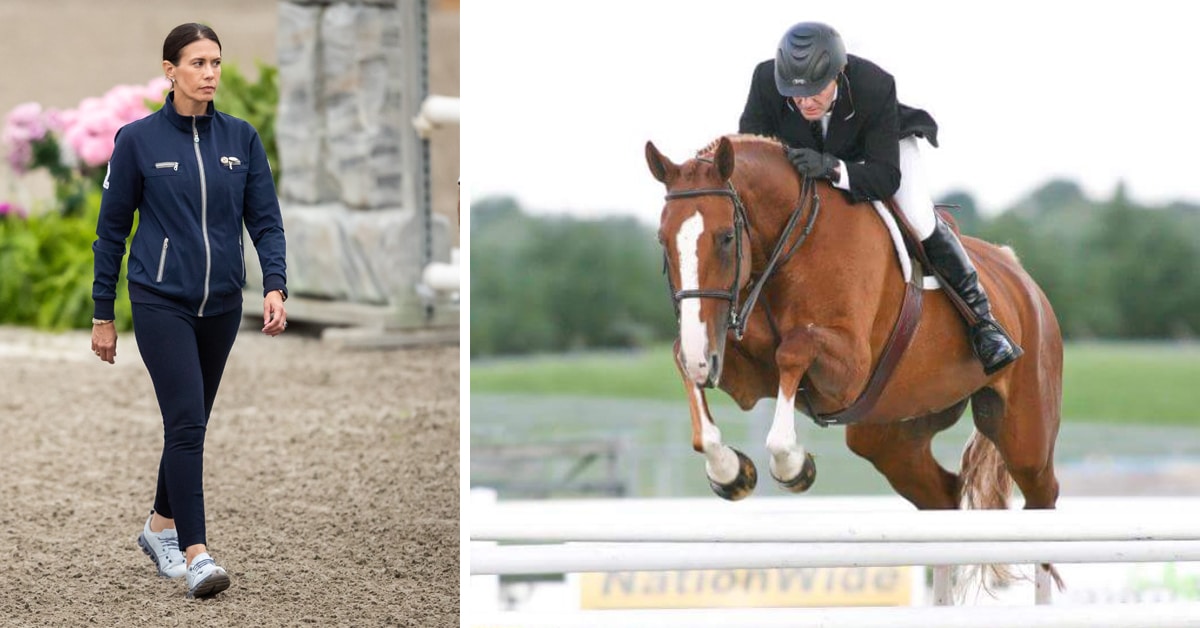 A woman walking a course; a man jumping a chestnut horse over a hunter fence.
