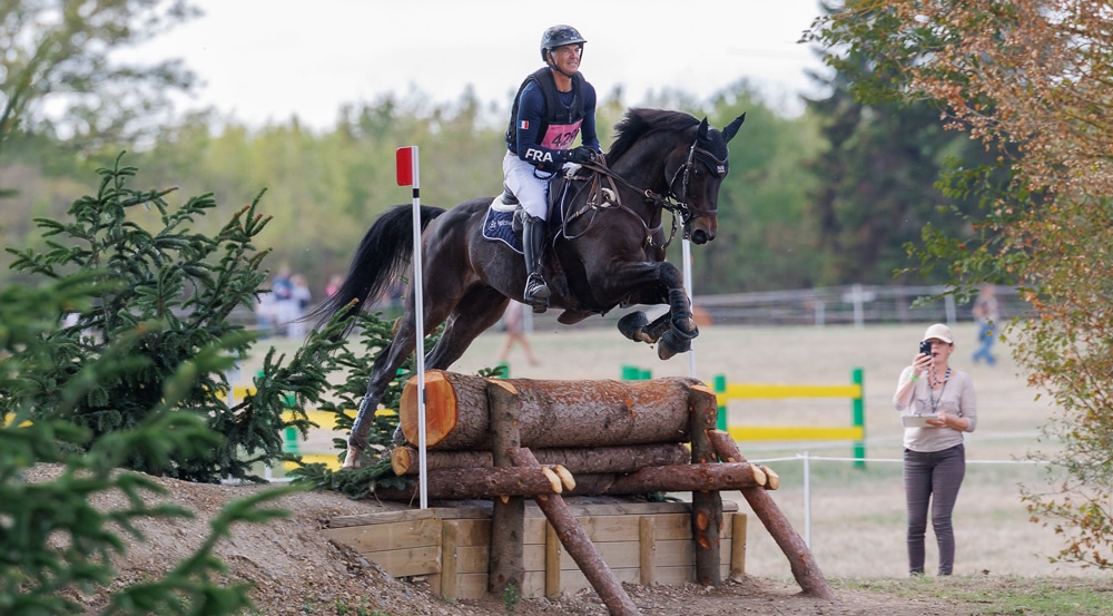 A man jumping a dark bay horse over a cross-country fence.