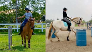 Two images of women performin working equitation exercises.